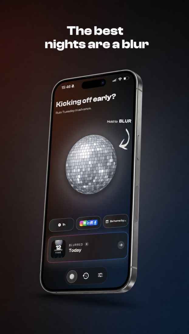 The best nights are a blur — the BLUR home screen, hold the disco ball to lock in.
