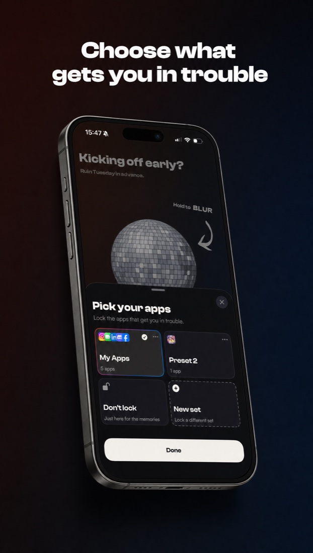 Choose what gets you in trouble — pick the apps to lock for the night.